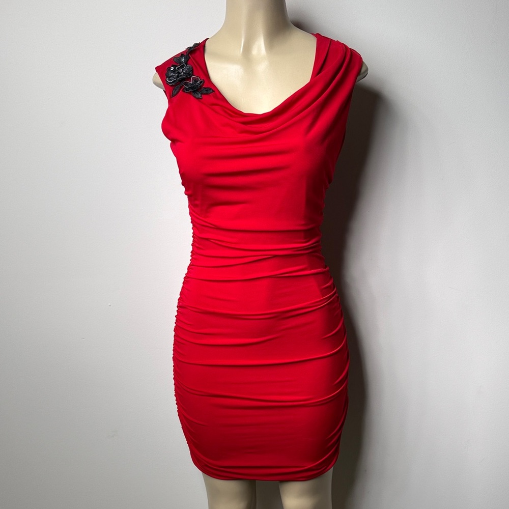 Sweet Storm Red Cowl Neck Ruched Mini Dress with Black Applique